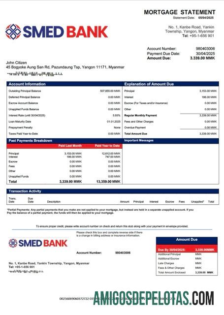 realista Modelo Word e PDF de declaração de hipoteca do banco de desenvolvimento de PMEs de Mianmar
